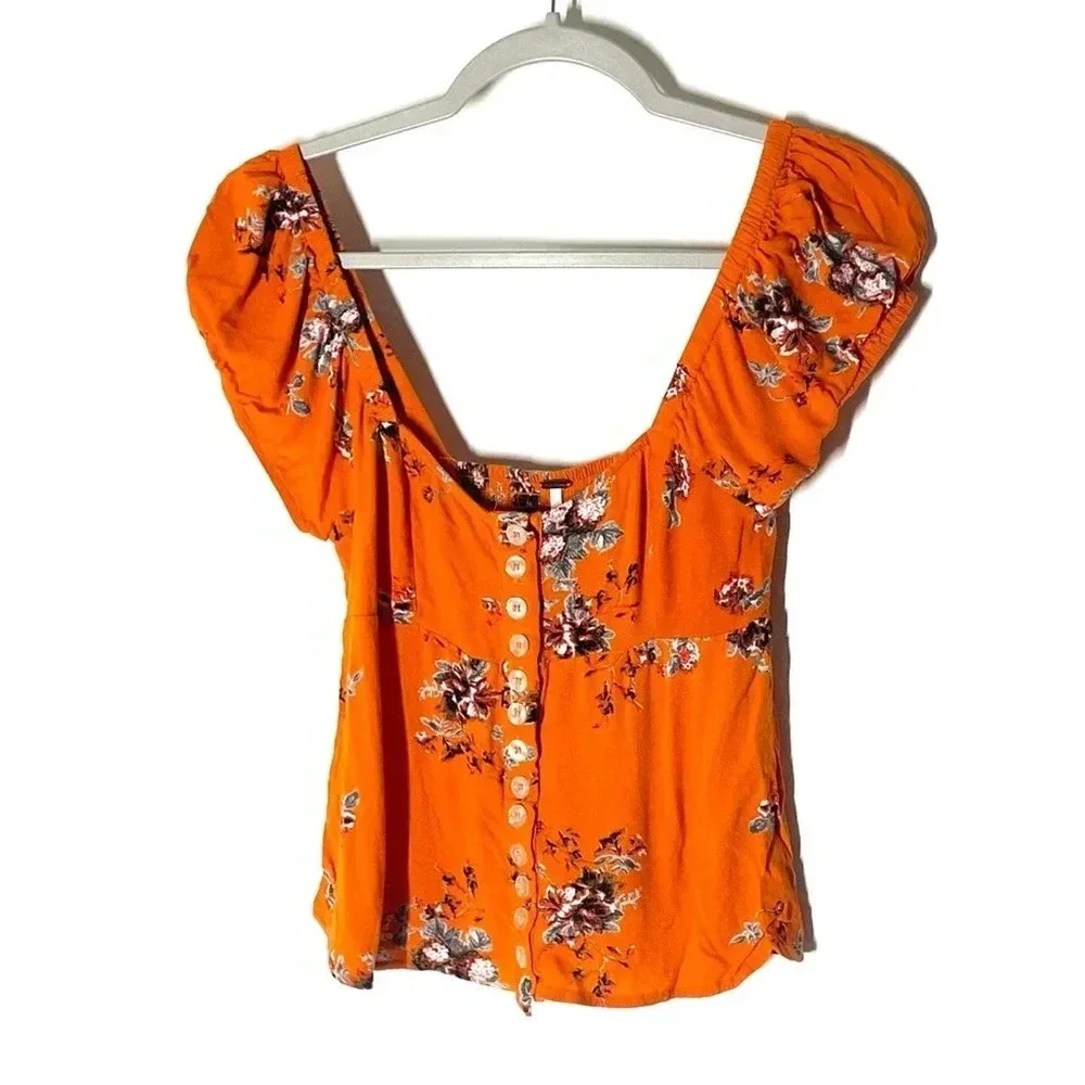 Free People Close to You Floral Burnt Orange Blouse Size Small